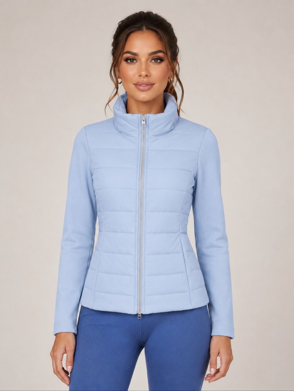 Amina Rubinacci Light Blue Quilted Puffer And Cotton Knit Jacket Size 0/2